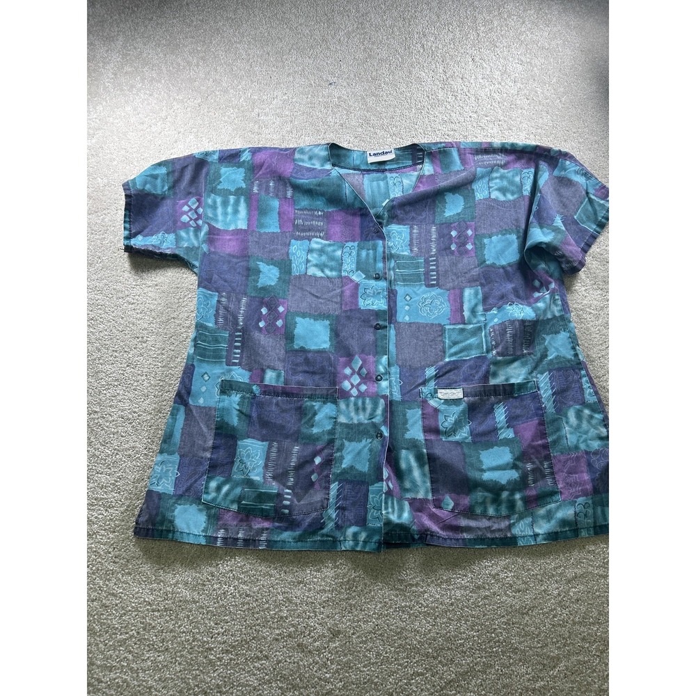 Landau Scrub Top Womens Large Blue Purple Abstract Patchwork Snap Front Made USA